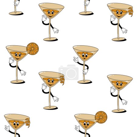 Vektornahtloses Muster farbiger Retro-Maskottchen-Charaktere, Wandergläser mit Cocktail mit Schale und Zitrusscheibe auf weißem Hintergrund