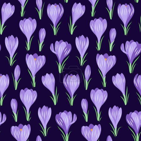 Modèle vectoriel sans couture avec des fleurs de crocus de printemps sur un fond bleu foncé