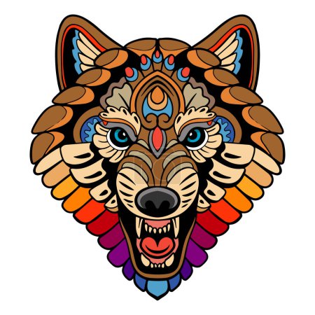 Téléchargez les illustrations : Mandala tête de loup coloré arts isolés sur fond blanc - en licence libre de droit