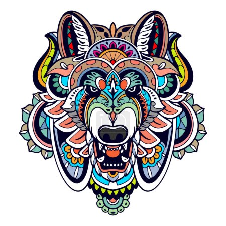 Téléchargez les illustrations : Mandala tête de loup coloré arts isolés sur fond blanc - en licence libre de droit