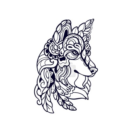 Téléchargez les illustrations : Belle tête de loup mandala arts isolés sur fond blanc - en licence libre de droit