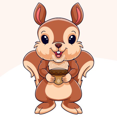 Ilustración de Pequeña caricatura de ardilla feliz sosteniendo una nuez - Imagen libre de derechos