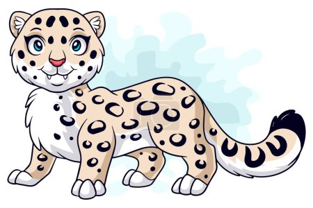 Téléchargez les illustrations : Dessin animé drôle de dessin animé léopard de la neige isolé sur fond blanc - en licence libre de droit