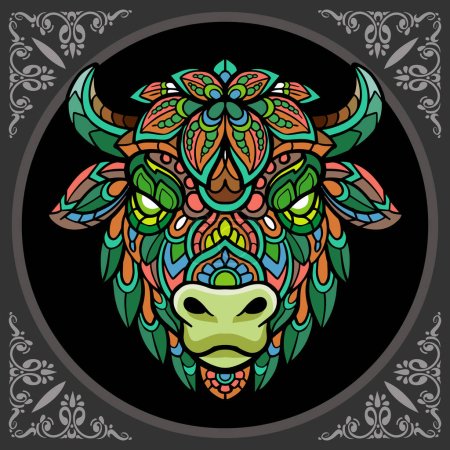 Colorido bisonte cabeza mandala artes aisladas sobre fondo negro.