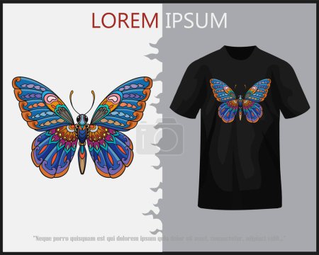 Téléchargez les illustrations : Papillon coloré mandala arts isolé sur t-shirt noir. - en licence libre de droit
