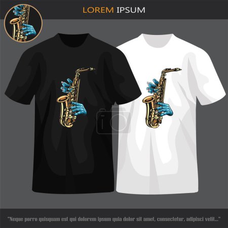 Téléchargez les illustrations : Zombie main jouer saxophone isolé sur t-shirt noir. - en licence libre de droit