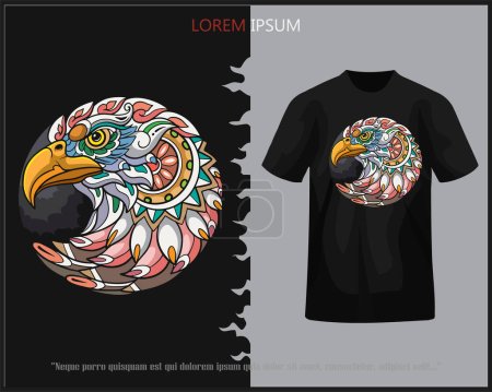 Téléchargez les illustrations : Tête d'aigle colorée mandala arts isolé sur t-shirt noir. - en licence libre de droit