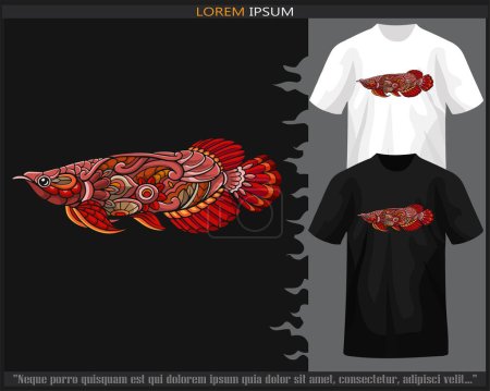 Téléchargez les illustrations : Coloré rouge arowana poisson mandala arts isolé sur t-shirt noir et blanc. - en licence libre de droit