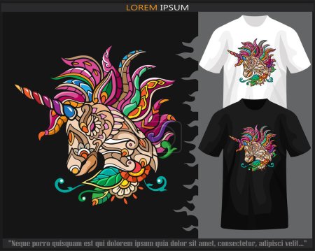Téléchargez les illustrations : Licorne tête mandala arts isolé sur t-shirt noir et blanc. - en licence libre de droit