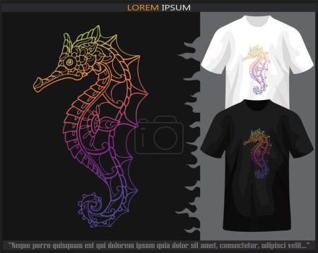 Farbverlauf Bunte Seepferdchen Mandala Kunst Illustration isoliert auf schwarz-weißen T-Shirt.