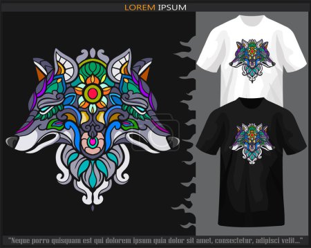 Téléchargez les illustrations : Mandala tête de loup coloré arts isolés sur t-shirt noir et blanc. - en licence libre de droit