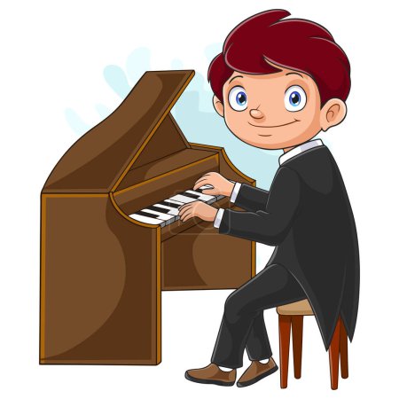 Téléchargez les illustrations : Dessin animé petit garçon jouant du piano - en licence libre de droit