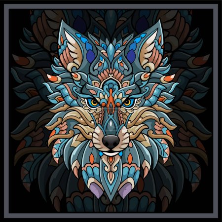 Ilustración de Colorido lobo cabeza mandala artes aisladas sobre fondo negro. - Imagen libre de derechos