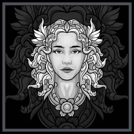 Illustration for Monochrome Aphrodite head mandala arts isolated on black background - Royalty Free Image