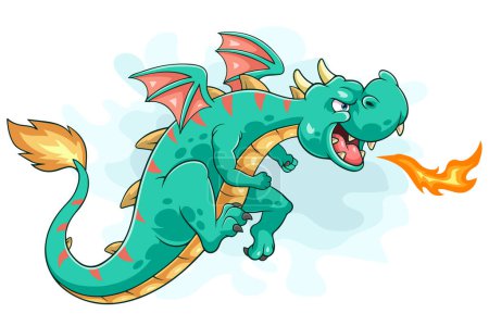 Illustration for Cartoon dragon posing by spitting fire - Royalty Free Image