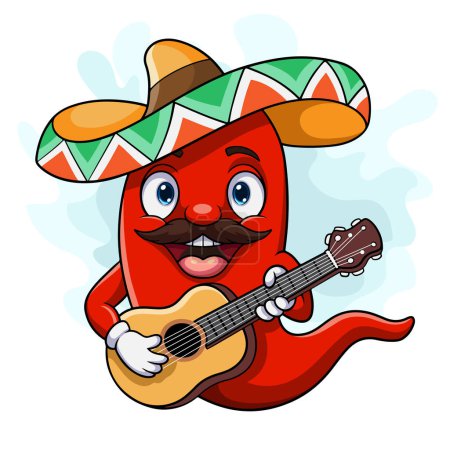 Ilustración de Dibujos animados sombrero feliz chile tocando una guitarra - Imagen libre de derechos