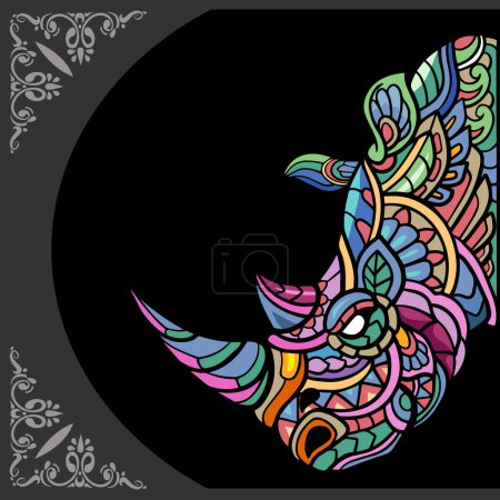 Colorido de arte mandala cabeza rinoceronte, aislado sobre fondo negro