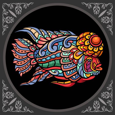 Bunte Blumen Horn Fisch Mandala Kunst isoliert auf schwarzem Hintergrund