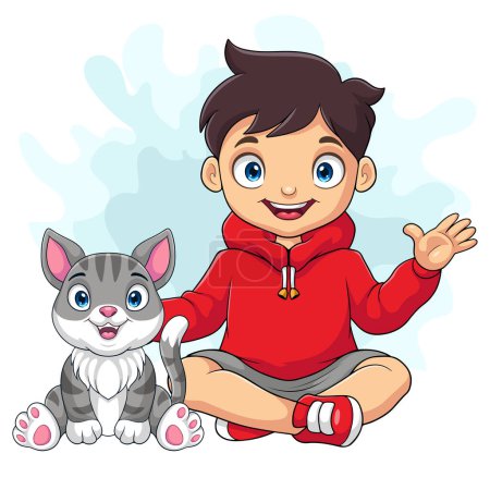 Niño de dibujos animados con su gato