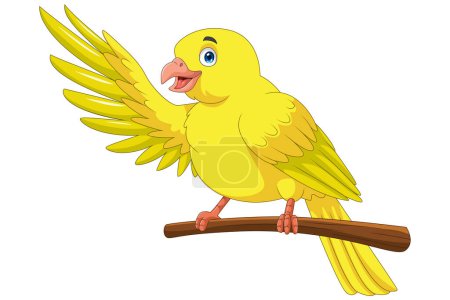 Dibujos animados pájaro canario amarillo en una rama de árbol