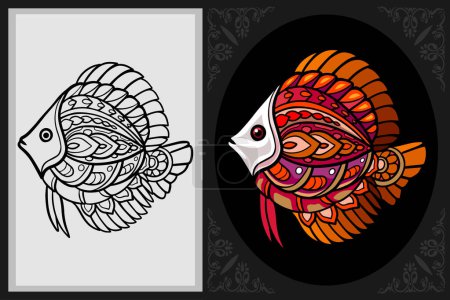 Colorful Discus fish mandala arts with black line sketch isolated on black and white background