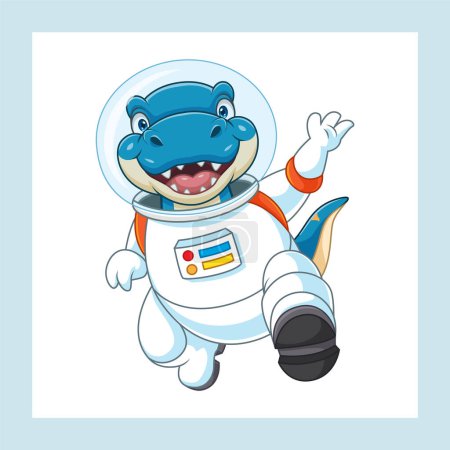 cute cartoon dinosaur wearing astronaut suit and waving
