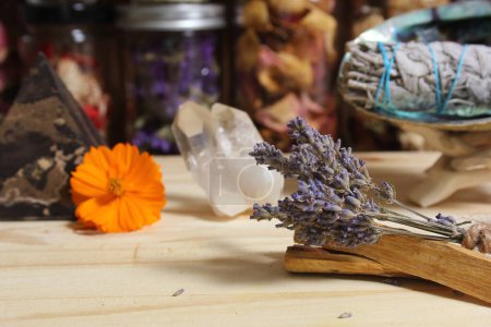 Photo for Dried Lavender With Palo Santo Wood and Abalone Shell For Smudging - Royalty Free Image