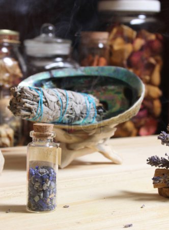 Photo for Dried Lavender With Palo Santo Sticks and Abalone Shell For Smudging in Background - Royalty Free Image
