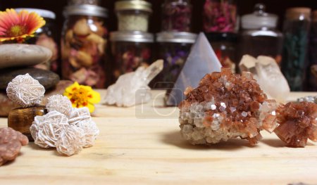 Photo for Incense Cones and Desert Rose Rocks on Meditation Table With ARagonite Crystal - Royalty Free Image