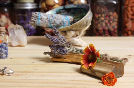 Photo for Dried Lavender With Palo Santo Sticks and Abalone Shell For Smudging in Background - Royalty Free Image