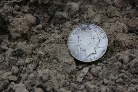 Foto de 1922 Silver Peace Dollar On Ground in Dirt (en inglés). Frente - Imagen libre de derechos
