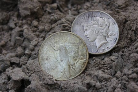 Foto de Two 1922 Silver Peace Dollars On Ground in Dirt. Tesoro encontrar - Imagen libre de derechos