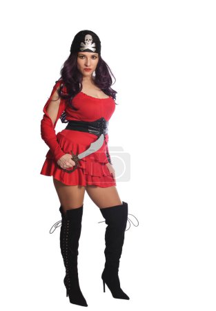 Téléchargez les photos : Woman Wearing Red Pirate Costume Isolated on White - en image libre de droit