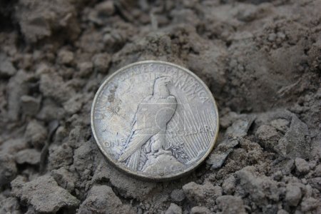Foto de 1922 Silver Peace Dollar On Ground in Dirt (en inglés). Atrás - Imagen libre de derechos
