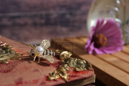 Vintage Photo Album With Locket and Key and Flowers