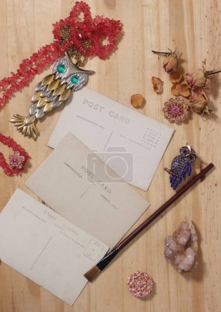 Vintage Post Cards With Vintage Jewelry and Crystals