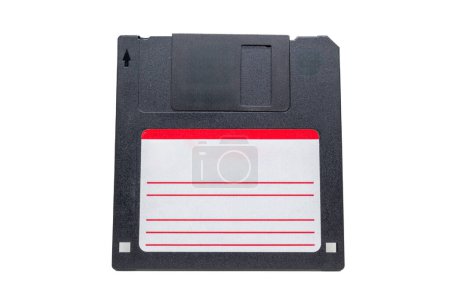 Photo for Black floppy disk drive with white red striped etiquette close up. - Royalty Free Image