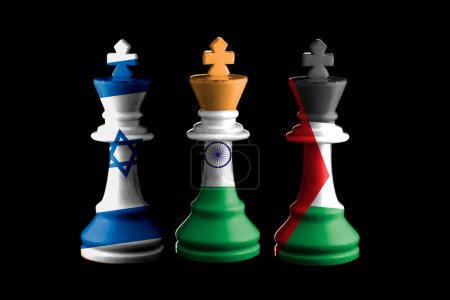 israel, Palestine and india flags paint over on chess king. 3D illustration.