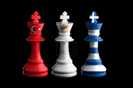 turkey, greece and Cyprus flags paint over on chess king. 3D illustration.