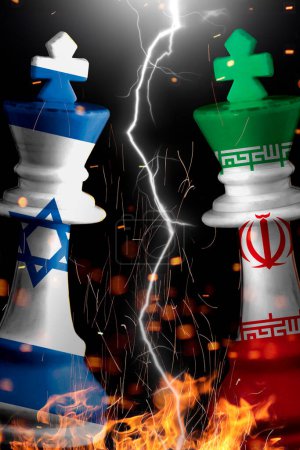 Foto de Irán e Israel pintan banderas sobre el rey del ajedrez. Ilustración 3D iran vs israel. - Imagen libre de derechos