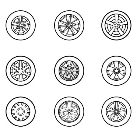Illustration for A collection of 9 car forged wheels and tires of various shapes: rim, hexagon and others. Vector outline doodle illustration. - Royalty Free Image