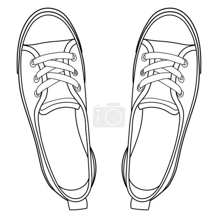 Illustration for Hand drawn sneakers, gym shoes, top view. Image in different views - front, back, top, side, sole and 3d view. Doodle vector illustration. - Royalty Free Image
