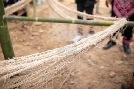 Téléchargez les photos : Les fibres de chanvre sont transformées à partir de chanvre cultivé dans les villages de la tribu des collines pour préparer des fibres pour le tissage à partir de fibres de chanvre et les vendre sur le marché artisanal en raison de leurs prix élevés. - en image libre de droit