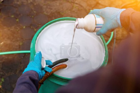 Photo for Exterminate termite control company employee is using a termite sprayer at customer's house and searching for termite nests to eliminate. exterminate control worker spraying chemical insect repellant - Royalty Free Image