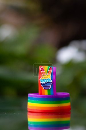 Photo for Made to symbolize lgbt Q the rainbow wristband is worn during the Gender Equality Festival and is a festival where the lgbt Q community engages in advocating for gender equality across the whole world - Royalty Free Image