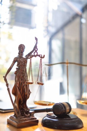 Photo for Statue of god Themis Lady Justice is used as symbol of justice within law firm demonstrate truthfulness of facts and power to judge without prejudice. hemis Lady Justice symbol of honesty and justice. - Royalty Free Image