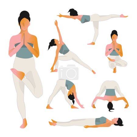 Set of poses woman yoga. Female cartoon yoga positions isolated on white background. Girl doing sports, yoga, pilates, fitness. Flat illustration of full body yoga workout. Woman activities