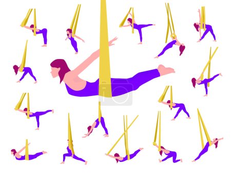 Illustration for Set of aerial yoga positions.Young sporty woman in sportswear practicing Aerial Yoga in a hammock. Flat Vector Illustration. Aerial Yoga logo design idea - Royalty Free Image