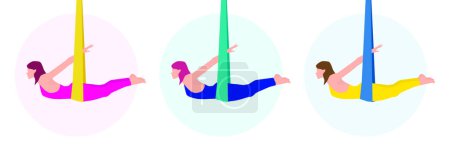 Illustration for Aerial Yoga icons. Young sporty girl or woman in sportswear practicing Aerial Yoga in a hammock. Flat Vector Illustration of fly yoga. Aerial Yoga logo design idea - Royalty Free Image