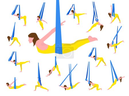 Illustration for Set of aerial yoga positions.Young sporty woman in sportswear practicing Aerial Yoga in a hammock. Flat Vector Illustration. Aerial Yoga logo design idea - Royalty Free Image